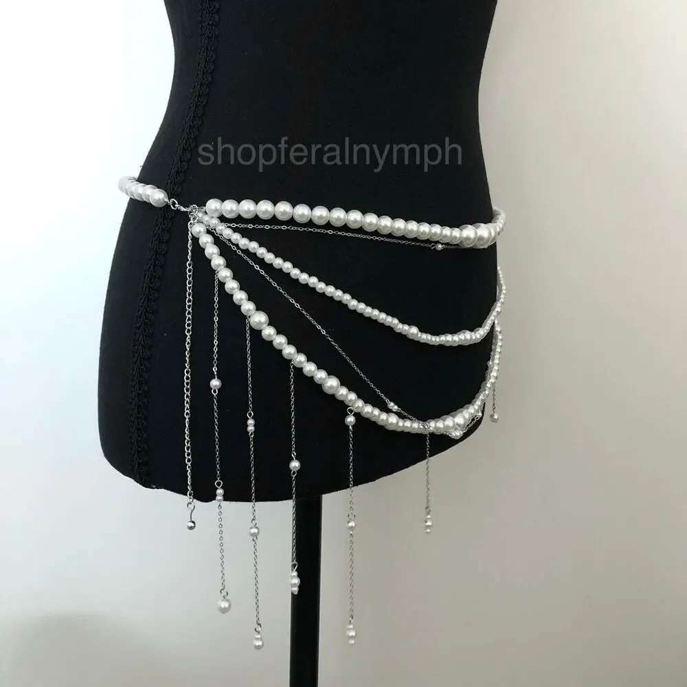 Y2K Coquette White Faux Pearl Layered Draped Chain Belt, 31.5 Inches, X7GA1139
